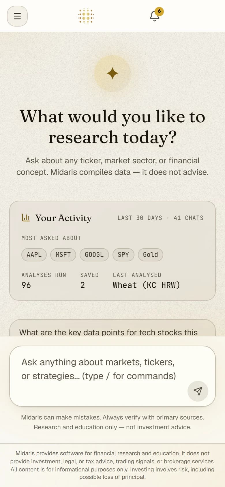Midaris research chat on a phone: the conversation and the message box.
