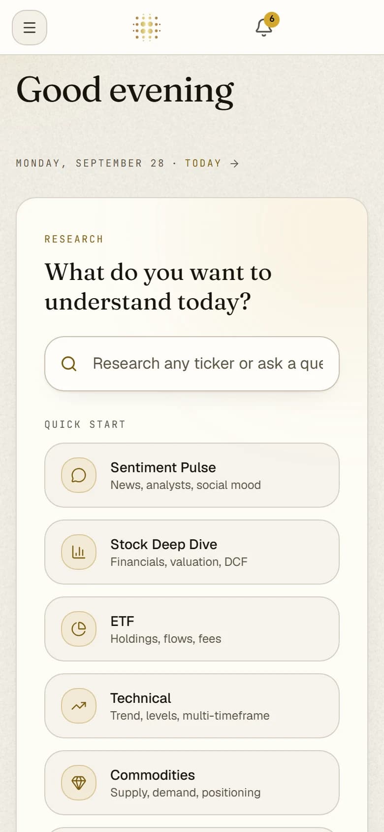 The Midaris dashboard on a phone: the analysis launcher, market strip and recent reports card.