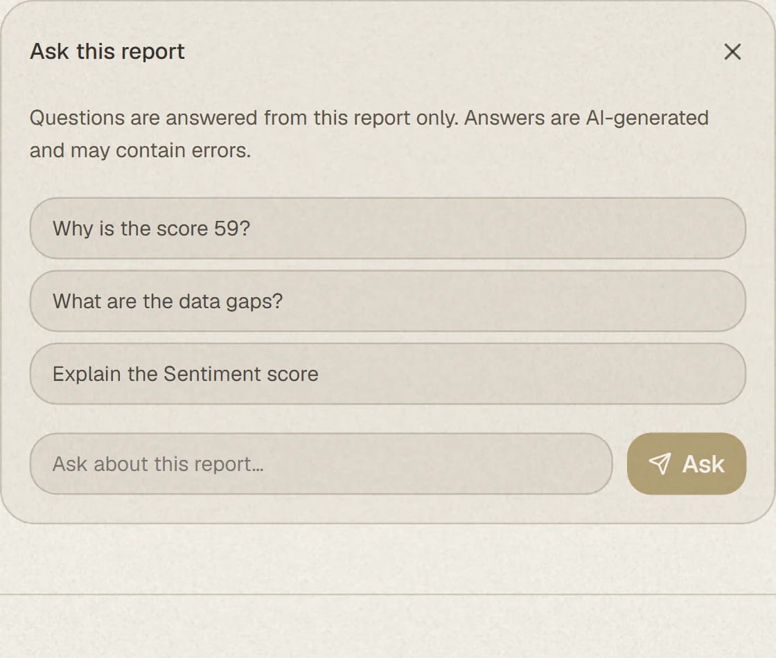 The panel that answers questions about a Midaris report from that report alone, with its notice that answers are AI-generated and may contain errors.