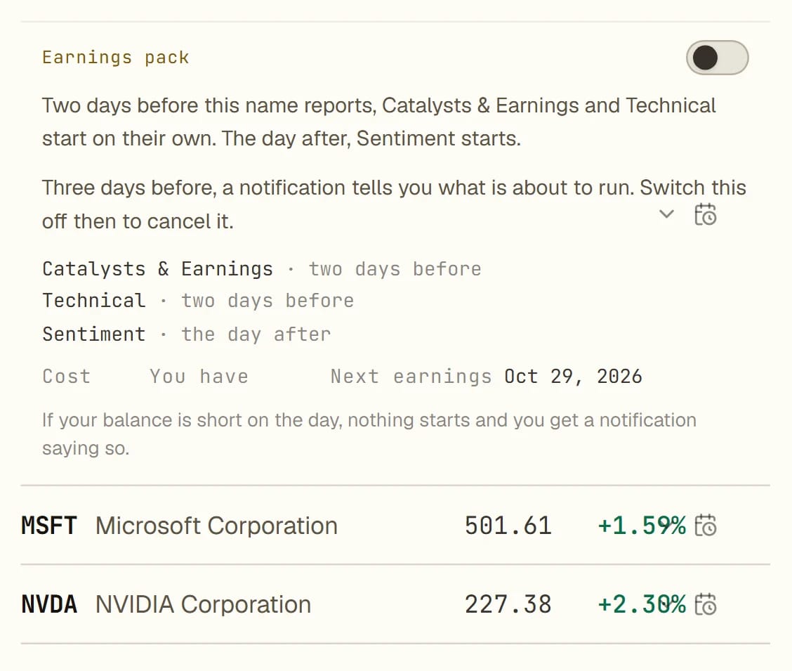 The earnings pack panel on a Midaris watchlist row: the reports it runs around the next earnings date and when each one runs.