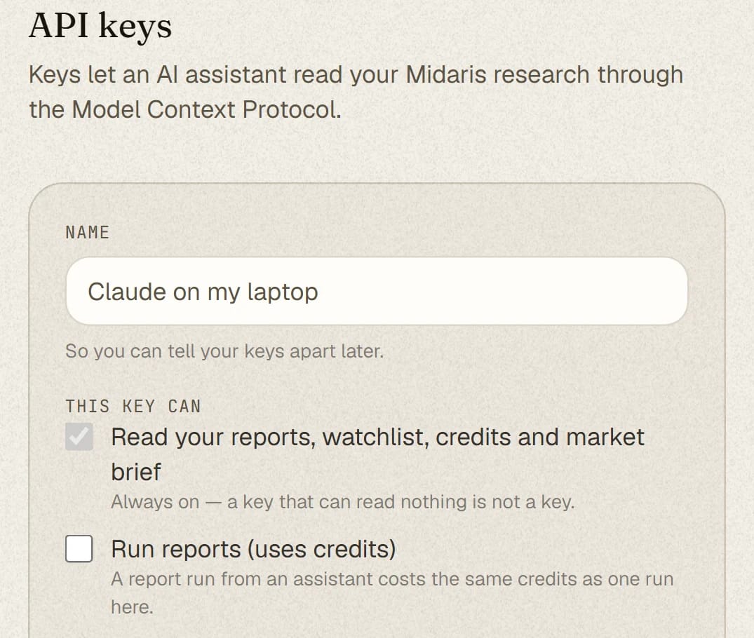 The API keys tab of Midaris settings: where a key is named and given either read-only access to your research or permission to run reports.